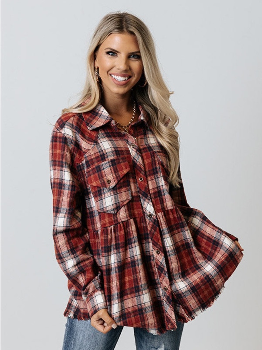 Entro-WESTERN SKIES FLANNEL BABYDOLL TOP IN RED